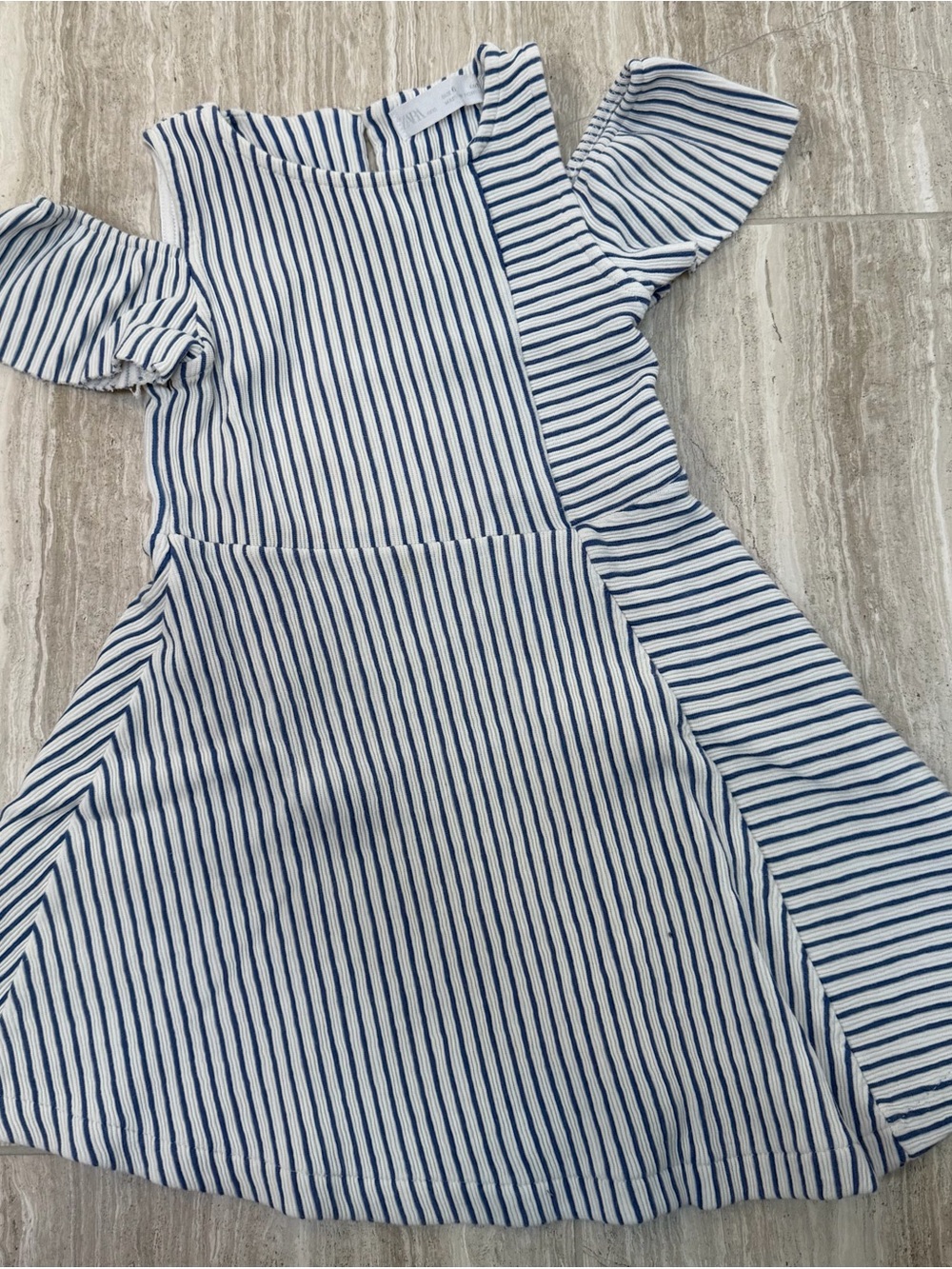 Zara White and Navy Striped Cold-Shoulder Dress